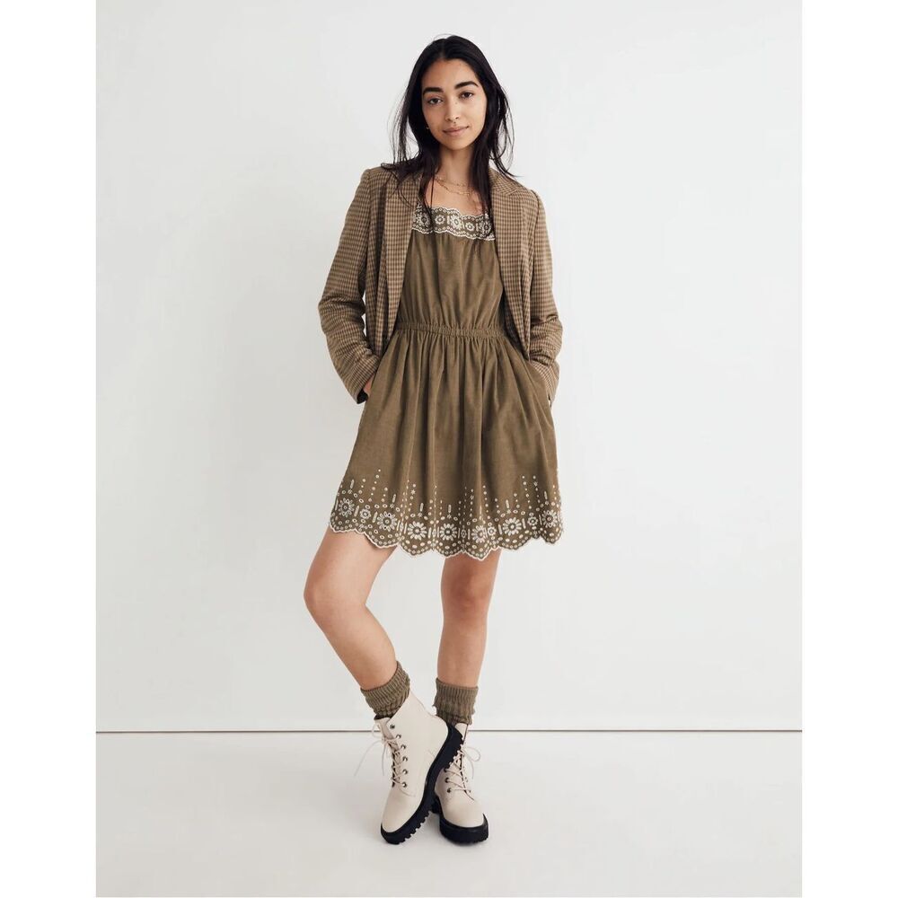 Madewell Petite Embroidered Corduroy Square-Neck Mini Dress Size XXS 2XS